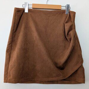 Brown Faux Suede Ruched Mini Skirt
